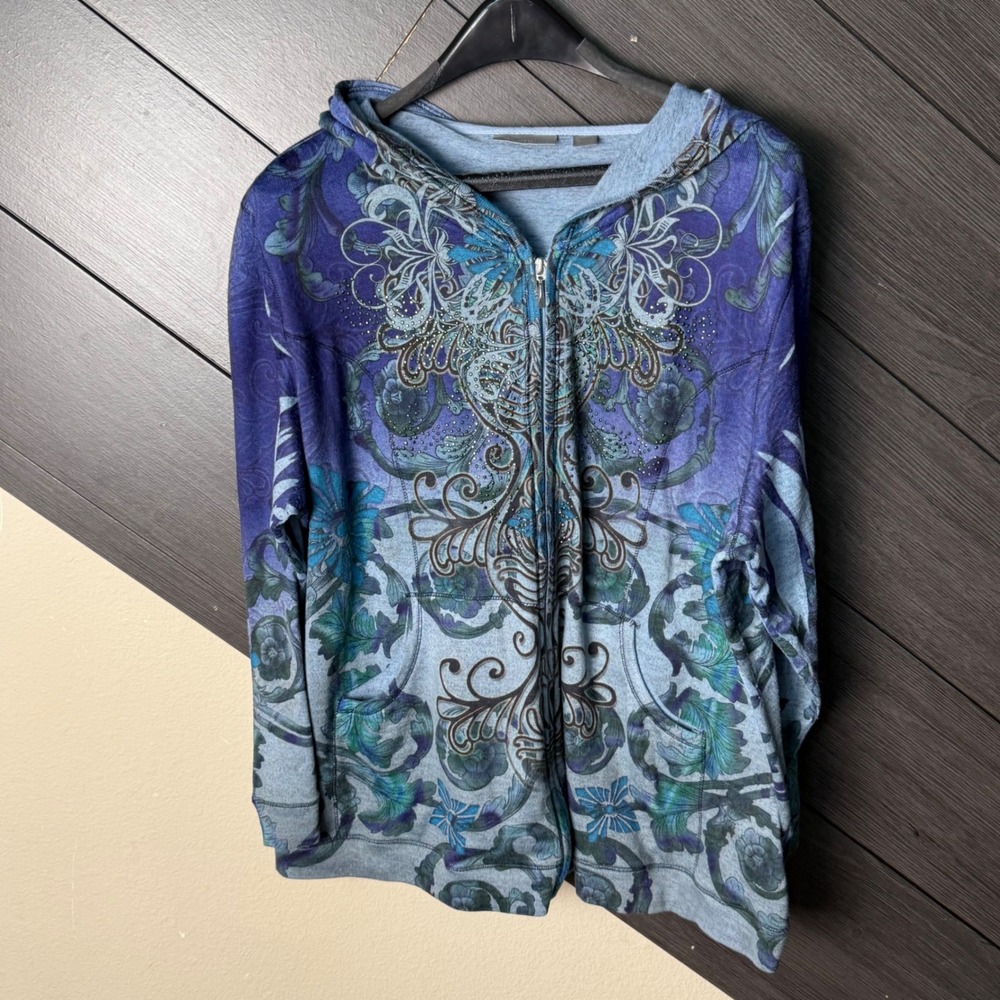 Avenue Women's Embellished Zip Up Hoodie Floral Scroll Plus Size 22/24 Blue